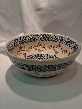 Boleslawiec Polish Hand-Painted Floral Ceramic Serving Bowl - Blue & Orange